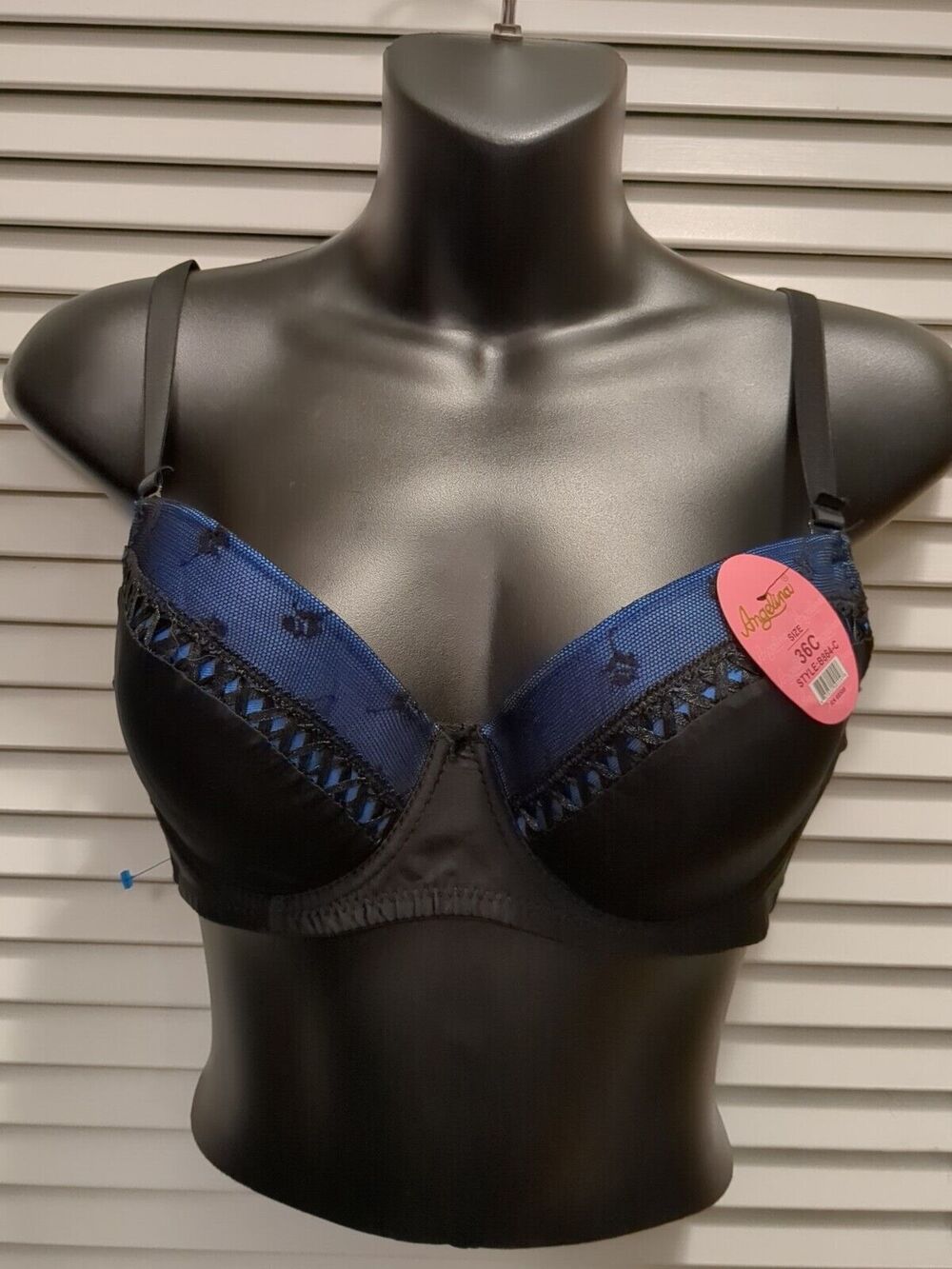 ANGELINA Black Blue Lace Trim Lightly Padded Bra Women's Size 36C B864-C NWT